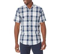 Amazon Essentials Herren Kurzärmeliges Hemd aus Popeline, Normale Passform, Marineblau Weiß Großes Karo, S