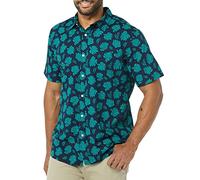 Amazon Essentials Herren Kurzärmeliges Hemd aus Popeline, Schmale Passform, Marineblau Blaugrün Palmwedelaufdruck, XXL