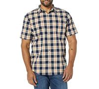 Amazon Essentials Herren Kurzärmeliges Hemd aus Popeline, Schmale Passform, Marineblau Gold Karomuster, L