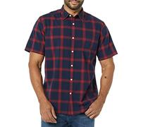 Amazon Essentials Herren Kurzärmeliges Hemd aus Popeline, Schmale Passform, Marineblau Rot Buffalokaros, XXL
