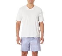 Amazon Essentials Herren Kurzärmeliges T-Shirt mit V-Ausschnitt und locker sitzende Shorts aus Baumwoll-Stretch-Popeline - Lounge-Schlafanzug-Set, Check/Elfenbein, M