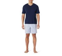 Amazon Essentials Herren Kurzärmeliges T-Shirt mit V-Ausschnitt und locker sitzende Shorts aus Baumwoll-Stretch-Popeline - Lounge-Schlafanzug-Set, Marineblau/Thin Stripe, XXL