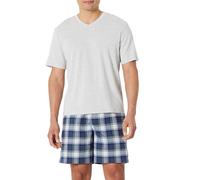 Amazon Essentials Herren Kurzärmeliges T-Shirt mit V-Ausschnitt und locker sitzende Shorts aus Baumwoll-Stretch-Popeline - Lounge-Schlafanzug-Set, Hellgrau Meliert/Ländliches Karo, XL