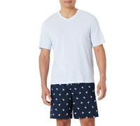 Amazon Essentials Herren Kurzärmeliges T-Shirt mit V-Ausschnitt und locker sitzende Shorts aus Baumwoll-Stretch-Popeline - Lounge-Schlafanzug-Set, Enten/Hellblau, XXL
