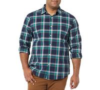 Amazon Essentials Herren Langärmeliges Business Hemd aus Popeline Normale Passform, Dunkelgrün Marineblau Mittlere Karo, XL
