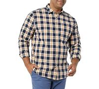 Amazon Essentials Herren Langärmeliges Business Hemd aus Popeline Normale Passform, Marineblau Pfirsich Karomuster, S