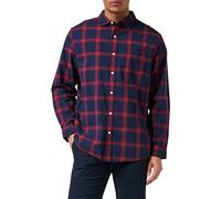 Amazon Essentials Herren Langärmeliges Business Hemd aus Popeline Normale Passform, Marineblau Rot Buffalokaros, XL