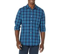 Amazon Essentials Herren Langärmeliges Hemd Aus Stretch-Popeline Mit Schlanker Passform, Grün Marineblau Karomuster, S