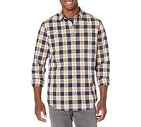 Amazon Essentials Herren Langärmeliges Hemd Aus Stretch-Popeline Mit Schlanker Passform, Marineblau Pfirsich Karomuster, L