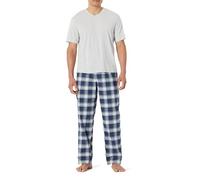 Amazon Essentials Herren Pyjama-Set aus Baumwoll-Stretch-Popeline mit T-Shirt aus Baumwolljersey, Schlafanzug Lang, Hellgrau Meliert/Ländliches Karo, XL