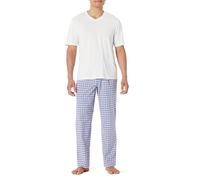 Amazon Essentials Herren Pyjama-Set aus Baumwoll-Stretch-Popeline mit T-Shirt aus Baumwolljersey, Schlafanzug Lang, Check/Elfenbein, M