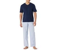 Amazon Essentials Herren Pyjama-Set aus Baumwoll-Stretch-Popeline mit T-Shirt aus Baumwolljersey, Schlafanzug Lang, Marineblau/Thin Stripe, XS