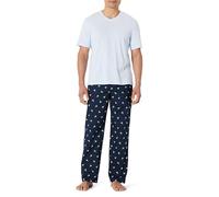 Amazon Essentials Herren Pyjama-Set aus Baumwoll-Stretch-Popeline mit T-Shirt aus Baumwolljersey, Schlafanzug Lang, Enten/Hellblau, L