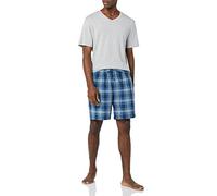 Amazon Essentials Herren Pyjama-Shorts aus Baumwoll-Popeline mit Baumwoll-T-Shirt-Set, Grau meliert/Marineblau kariert, XL