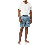 Amazon Essentials Herren Schlafanzug-Shorts Aus Baumwollpopeline Mit Baumwoll-T-Shirt, Blau Palmenwedel/Weiß, XS