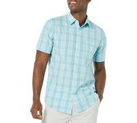 Amazon Essentials Herren Slim Fit Kurzärmeliges Hemd aus Popeline Schmale Passform, Hellblau Weiß Karomuster, XXL