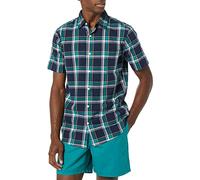 Amazon Essentials Herren Slim Fit Kurzärmeliges Hemd aus Popeline Schmale Passform, Marineblau Grün Karomuster, M