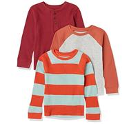 Amazon Essentials Jungen Langärmeliges, gestricktes Thermo-T-Shirt, 3er-Pack, Burgunderrot/Grau/Orange Rugby-Streifen, 11-12 Jahre