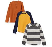 Amazon Essentials Jungen Langärmeliges, gestricktes Thermo-T-Shirt, 3er-Pack, Grau Rugby-Streifen/Rostfarben/Senfgelb, 2 Jahre