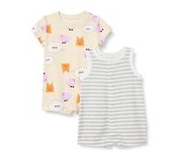 Amazon Essentials Unisex Baby Ärmelloses Und Kurzärmliges Strampler-Set, 2er-Pack, Beige Hunde/Heide Streifen, 0-3 Monate