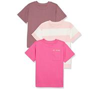 Amazon Essentials Unisex Kinder Modernes Kurzarm-T-Shirt, 3er-Pack, Rosa Textaufdruck/Staubrosé/Weiß Rugby-streifen, 9 Jahre