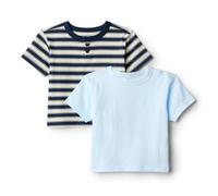 Amazon Essentials x Sofia Grainge Baby - Jungen Kurzärmelige T-Shirts aus Baumwolle mit Rundhalsausschnitt, 2er-Pack, Hellblau/Streifen, 3 Jahre