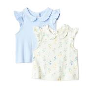 Amazon Essentials x Sofia Grainge Baby - Mädchen Kurzärmelige Baumwollblusen mit Rüschen, 2er-Pack, Hellblau/Blumensträuße, 12 Monate