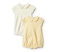 Amazon Essentials x Sofia Grainge Baby - Mädchen Kurzärmeliger Strampler aus Baumwolle mit Peter-Pan-Kragen, 2er-Pack, Ditsy Blumen/Elfenbein, 12 Monate