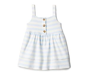 Amazon Essentials x Sofia Grainge Baby - Mädchen Lässiges Baumwollkleid im A-Linien-Schnitt, Blassblau Kühner Streifen, 18 Monate
