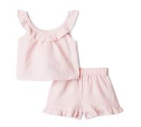 Amazon Essentials x Sofia Grainge Unisex Baby Set aus ärmellosem Oberteil und Shorts aus Baumwoll-Leinen mit Rüschen, Hellrosa, 12 Monate