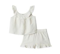 Amazon Essentials x Sofia Grainge Unisex Baby Set aus ärmellosem Oberteil und Shorts aus Baumwoll-Leinen mit Rüschen, Hellbeige, 12 Monate