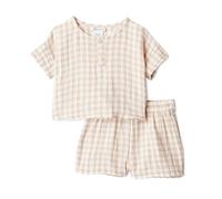 Amazon Essentials x Sofia Grainge Unisex Baby Spielset aus Baumwollgaze: Hemd und Shorts, Beigefarbenes Gingham, 3 Jahre