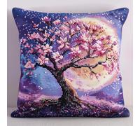 AMBATTERY 11CT Sticken Set Kreuzstich Kissen, Schöner Kirschbaum Kreuzstich Kissen Set Vorgedruckt Handstickerei Nähkissenbezug Stickset Kreuzstichkissen Zum Dekorieren 45x45cm