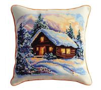 AMBATTERY 11CT Sticken Set Kreuzstich Kissen, Winterhütte Kreuzstich Kissen Set Vorgedruckt,Diy Stickkissen Set,Handstickerei Kissenbezug Set Stickset Kissenbezug 45x45cm