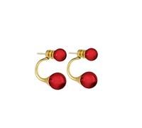 Amber by Mazukna Ohrstecker für Damen - 24K Vergoldetes Silber, Doppel-Kugel Design Ohrringe mit natürlichen Baltischen Bernsteinstücken, leichtes Schmuckgeschenk für den Alltag (Rot Poliert)