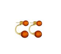 Amber by Mazukna Ohrstecker für Damen - 24K Vergoldetes Silber, Doppel-Kugel Design Ohrringe mit natürlichen Baltischen Bernsteinstücken, leichtes Schmuckgeschenk für den Alltag (Cognac Poliert)