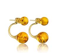 Amber by Mazukna Ohrstecker für Damen - 24K Vergoldetes Silber, Doppel-Kugel Design Ohrringe mit natürlichen Baltischen Bernsteinstücken, leichtes Schmuckgeschenk für den Alltag (Gelb Poliert)