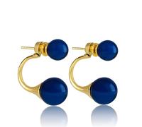 Amber by Mazukna Ohrstecker für Damen - 24K Vergoldetes Silber, Doppel-Kugel Design Ohrringe mit natürlichen Baltischen Bernsteinstücken, leichtes Schmuckgeschenk für den Alltag (Blau Poliert)