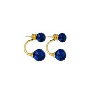 Amber by Mazukna Ohrstecker für Damen - 24K Vergoldetes Silber, Doppel-Kugel Design Ohrringe mit natürlichen Baltischen Bernsteinstücken, leichtes Schmuckgeschenk für den Alltag (Blau Facettiert)