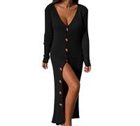 AMDOLE Badekleider für Damen, V-Ausschnitt, einreihig, mehrere Knöpfe, gerippte Knöpfe, lange Ärmel, Cardigan-Kleid, figurbetonte Kleider für Damen, Schwarz , XL
