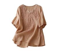 AMDOLE Boho-besticktes Oberteil für Damen, lässig, Baumwolle, Leinen, Blusen, Sommer, kurzärmelig, Bohemian-Hemden, Kleidung, einfarbig, elegant, bequem, lässig, Arbeitsoberteil, Orange #2, XL