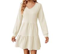 AMDOLE Boho-Kleider für Damen, einfarbig, V-Ausschnitt, langärmelig, lässig, Tunika, kurze Kleider, Damenkleider, beige, L