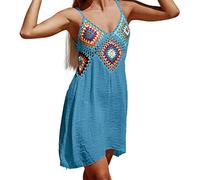 AMDOLE Boho-Kleider für Damen, gehäkelter Bikini, Strandkleid, Slip-Ausschnitt, unregelmäßiges Kleid, Bademode, Strandmode, Kleider für Damen, elegant, blau, Einheitsgröße