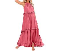 AMDOLE Chambray Gestreiftes Kleid für Damen, Sommer, Boho, lang, einfarbig, locker, ärmellos, Rüschen, Maxi-Strandkleid, Übergröße, leger, rose, M