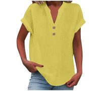 AMDOLE Damen Sommer Baumwolle Leinen Flügelärmel T-Shirt Knopf V-Ausschnitt Tunika Tops Lounge Baggy Einfarbig Casual Shirts Trendy Bluse, gelb, XL