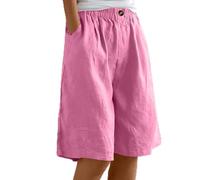 AMDOLE Damen-Sommer-Shorts aus Baumwoll-Leinen, elastische Taille, knielang, Bermuda-Shorts, locker, lässig, Hotpants, weites Bein, Strandhose, Shorts mit Taschen, hot pink, L