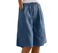 AMDOLE Damen-Sommer-Shorts aus Baumwoll-Leinen, elastische Taille, knielang, Bermuda-Shorts, locker, lässig, Hotpants, weites Bein, Strandhose, Shorts mit Taschen, C, 3XL