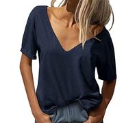 AMDOLE Damen-Top, tiefer V-Ausschnitt, kurzärmelig, einfarbig, lässig, locker, Basic-T-Shirt, zum Ausgehen, Tops für Damen, navy, 3XL