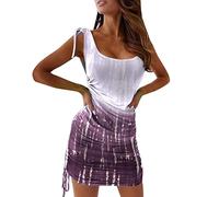AMDOLE Damenkleider, lässig, ärmellos, U-Ausschnitt, gerade, Mini, oberhalb des Knies, Batikfärbung, lässiger Raffung, Sommer-Body, Partykleid, Sommer, Business-Kleidung für Damen, violett, M