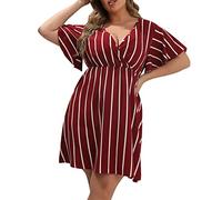 AMDOLE Damenkleider mit hoher Taille, Übergröße, gestreifter Druck, Wickelkleid, V-Ausschnitt, kurze Ärmel, A-Linie, Taillenkleid, Midi-Kleider für Damen, wein, 4XL